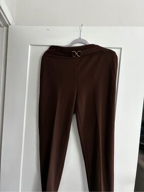 Soho Apparel Brown Ponte Slim Pull-On Pants with Gold Buckle